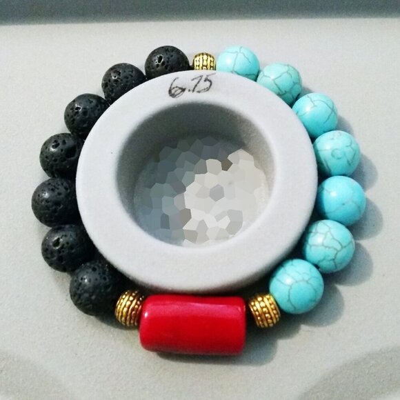 Sexy Stretch Bracelet: Red Coral + Turquoise Howlite + Black Lava Rock Beads - Picture 3 of 7
